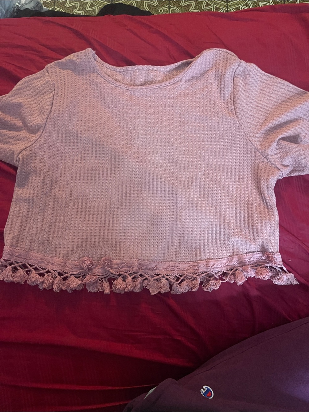 SHEIN Dusty Pink Waffle Knit Top with Tassel Hem